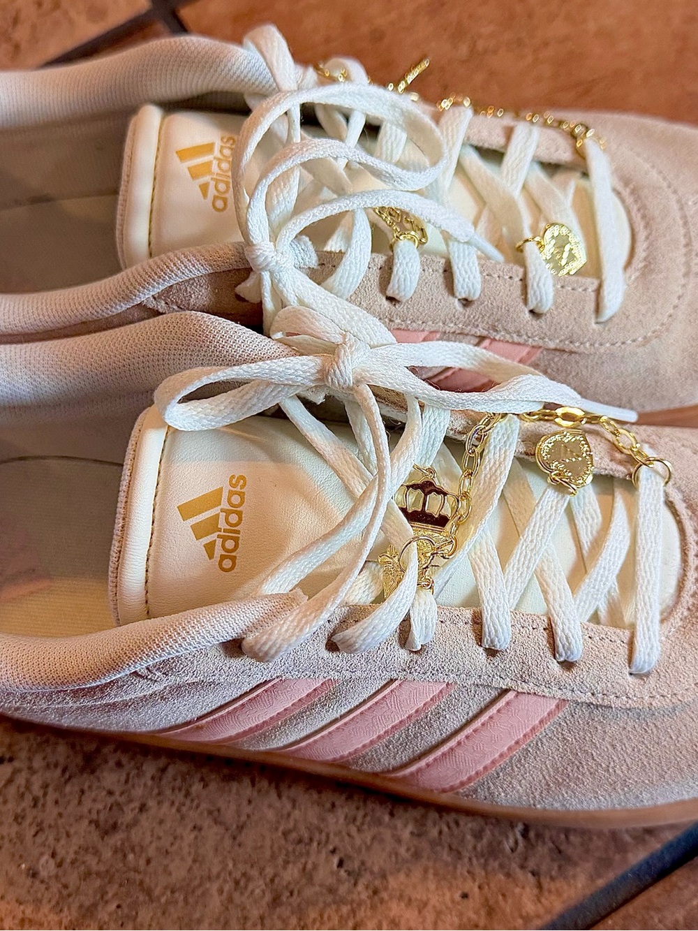 adidas Kids Pink & tan Suede Sneakers with Gold Accents